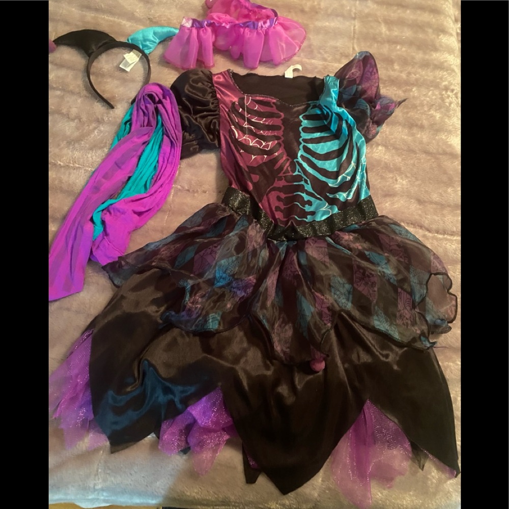 Girls Halloween evil jester dress tights headband costume